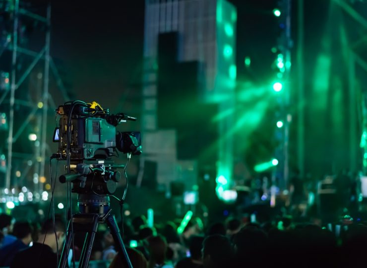 Video camera starting record concert live streaming show in the tv on the front stage lights with cr